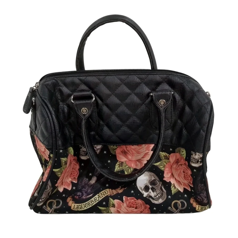 Liquor Brand Skull Rose Satchel Handbag Quilted Black Gothic‎ Punk